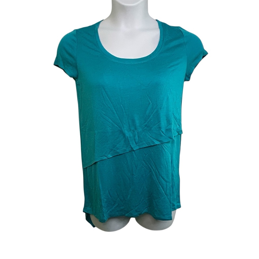 Joan Vass Shirt Top Short Sleeve Layered Asymmetrical Hem Turquoise Sz Medium